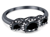 Three Stone Simulated Black CZ Black Tone Wedding Ring 925 Sterling Silver