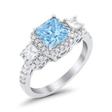 Three Stone Princess Wedding Simulated Aquamarine CZ Ring 925 Sterling Silver