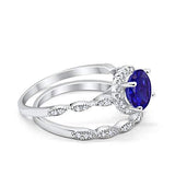 Two Piece Halo Wedding Ring Round Simulated Blue Sapphire CZ 925 Sterling Silver