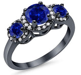 Three Stone Simulated Blue Sapphire CZ Black Tone Wedding Ring 925 Sterling Silver