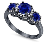 Three Stone Simulated Blue Sapphire CZ Black Tone Wedding Ring 925 Sterling Silver