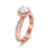 Two Piece Halo Wedding Ring Round Rose Tone, Simulated CZ 925 Sterling Silver
