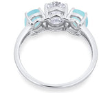 3-Stone Oval Simulated Larimar Center Stone Clear CZ Fashion Ring 925 Sterling Silver