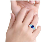 3-Stone Oval Simulated Larimar Center Stone Blue Sapphire Fashion Ring 925 Sterling Silver