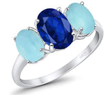 3-Stone Oval Simulated Larimar Center Stone Blue Sapphire Fashion Ring 925 Sterling Silver