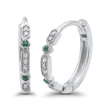 14K White Gold Emerald .10cts Antique Style Hoop Huggie Diamond Earring