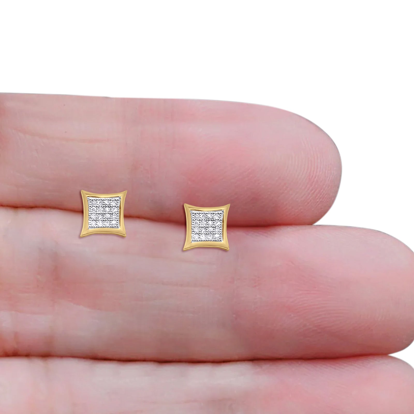 1 Carat Pave Diamond Stud Earrings 10K Yellow Gold Cube Shape