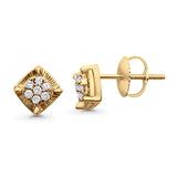 Solid 10K Yellow Gold 6.8mm Square Shaped Round Diamond Stud Earrings Wholesale