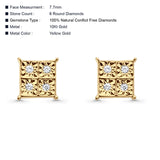 Solid 10K Yellow Gold 7.7mm Square Shaped Round Diamond Stud Earrings Wholesale