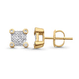 Solid 10K Yellow Gold 7mm Square Shaped Round Diamond Stud Earrings Wholesale