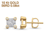 Solid 10K Yellow Gold 7mm Square Shaped Round Diamond Stud Earrings Wholesale