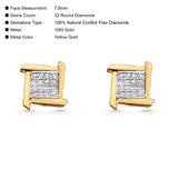 Solid 10K Yellow Gold 7.6mm Square Shaped Round Diamond Stud Earrings Wholesale