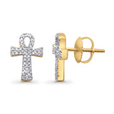 Solid 10K Yellow Gold 12.7mm Cross Shaped Ankh Diamond Stud Earrings Wholesale