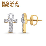 Solid 10K Yellow Gold 12.7mm Cross Shaped Ankh Diamond Stud Earrings Wholesale