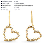 Solid 10K Yellow Gold 25.4mm Heart Diamond Hoop Dangle Earrings Wholesale