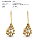 Solid 10K Yellow Gold 19mm Teardrop Pear Shaped Round Diamond Dangling Earrings Wholesale