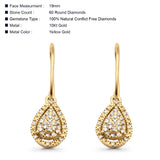 Solid 10K Yellow Gold 19mm Pear Shaped Teardrop Round Diamond Dangling Earrings Wholesale