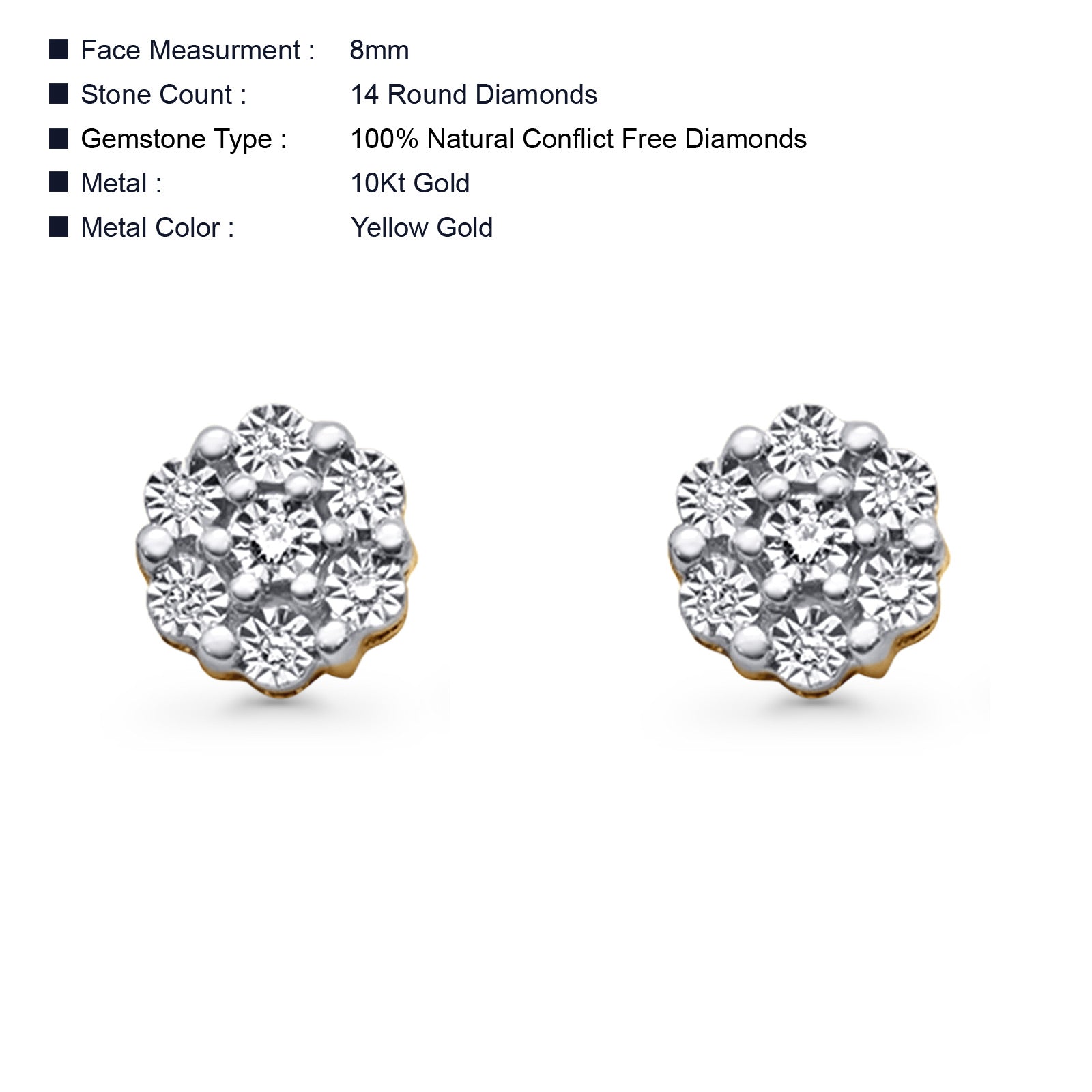 10K Gold .25ctw Natural Diamond Cluster Stud Earrings - Round 5mm Flower Shape