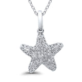 14K White Gold .11ct F SI Round Diamond Pave Set Star Starfish Pendant 18" Long