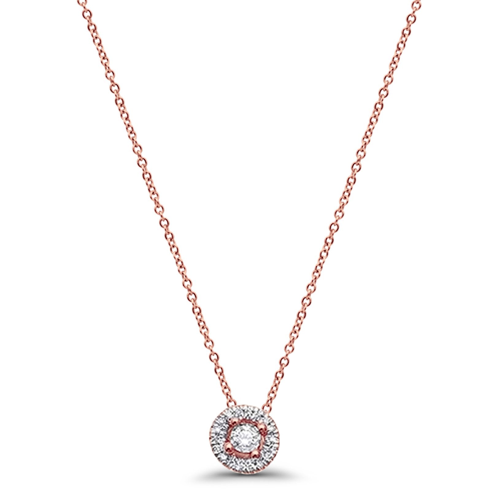 14K Rose Gold Round Diamond Solitaire Halo Pendant 18