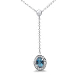 10K White Gold Blue Topaz & Diamond Lariat Necklace .57cts 18 inch