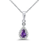 10K White Gold Amethyst & Diamond Pear Pendant Necklace 0.49cts 18 Inch Chain