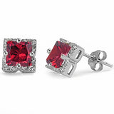 Halo Stud Earrings Princess Cut Simulated Ruby CZ 925 Sterling Silver