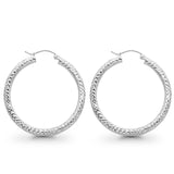 3grams 35mm 14K White Gold Real 3mm Diamond Cut Snap Closure Hoop Earrings Hinged