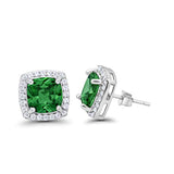 Halo Cushion Bridal Earrings Simulated Green Emerald CZ 925 Sterling Silver