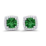 Halo Cushion Bridal Earrings Simulated Green Emerald CZ 925 Sterling Silver