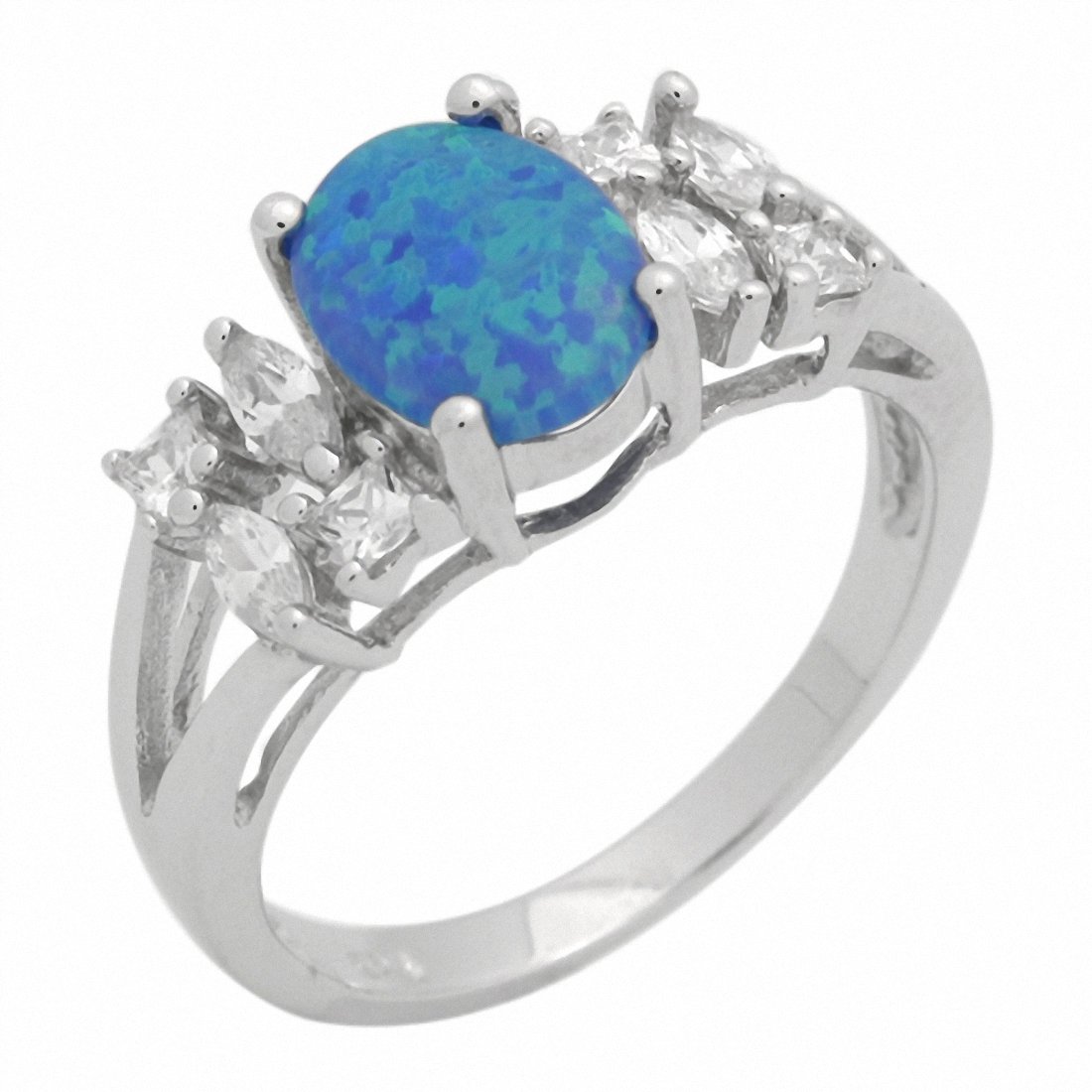 Oval Engagement Ring Princess Lab Created Blue Opal 925 Sterling Silver