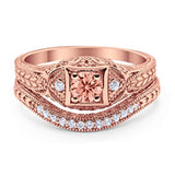 Vintage Style Two Piece Wedding Ring Rose Tone, Simulated Morganite CZ 925 Sterling Silver