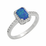 Halo Engagement Ring Radiant Lab Created Blue Opal 925 Sterling Silver