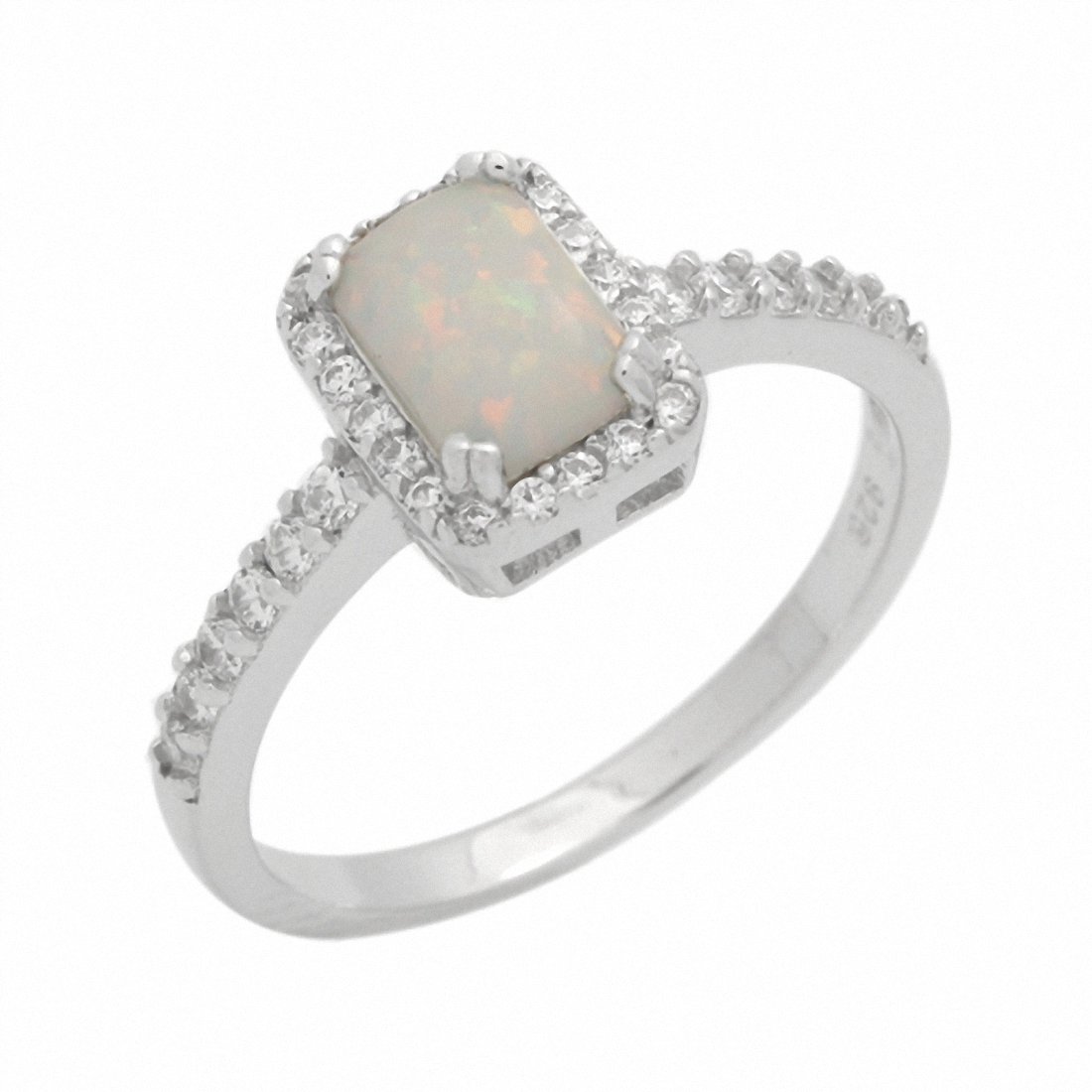 Halo Engagement Ring Radiant Lab Created White Opal 925 Sterling Silver