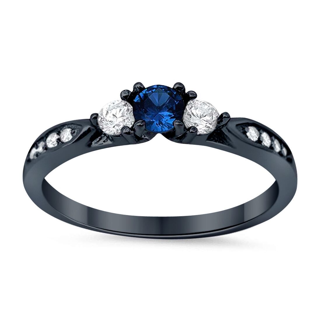 3-Stone Wedding Engagement Ring Simulated Blue Sapphire Round CZ Black
