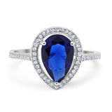 Halo Teardrop Pear Shape Simulated Blue Sapphire CZ Ring 925 Sterling Silver