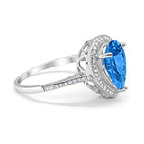 Halo Teardrop Pear Shape Simulated Blue Topaz CZ Ring 925 Sterling Silver