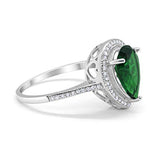 Halo Teardrop Pear Shape Simulated Green Emerald CZ Ring 925 Sterling Silver