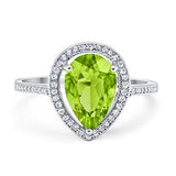 Halo Teardrop Pear Shape Simulated Peridot CZ Ring 925 Sterling Silver