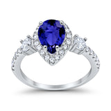 3-Stone Teardrop Ring Pear Simulated Blue Sapphire CZ 925 Sterling Silver