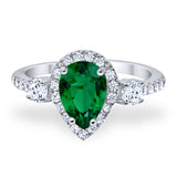 3-Stone Teardrop Ring Pear Simulated Green Emerald CZ 925 Sterling Silver