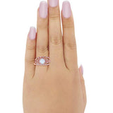 Three Piece Art Deco Bridal Wedding Ring Rose Tone, Lab Created White Opal 925 Sterling Silver