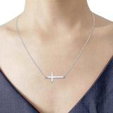 14K White Gold Side Way Cross Necklace 17" + 1" Extension