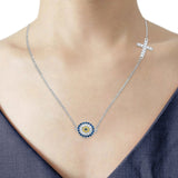 14K White Gold CZ Evil Eye Necklace 17" + 1" Extension