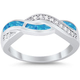 Half Eternity Weave Knot Ring Crisscross Lab Created Blue Opal 925 Sterling Silver