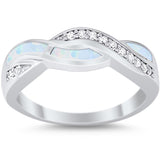 Half Eternity Weave Knot Ring Crisscross Lab Created White Opal 925 Sterling Silver