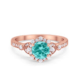 Floral Art Deco Engagement Ring Rose Tone, Simulated Paraiba Tourmaline CZ 925 Sterling Silver