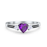Heart Promise Ring Simulated Amethyst CZ Black Accent 925 Sterling Silver