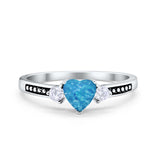 Heart Promise Ring Lab Created Blue Opal Black Accent 925 Sterling Silver