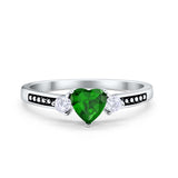 Heart Promise Ring Simulated Green Emerald CZ Black Accent 925 Sterling Silver
